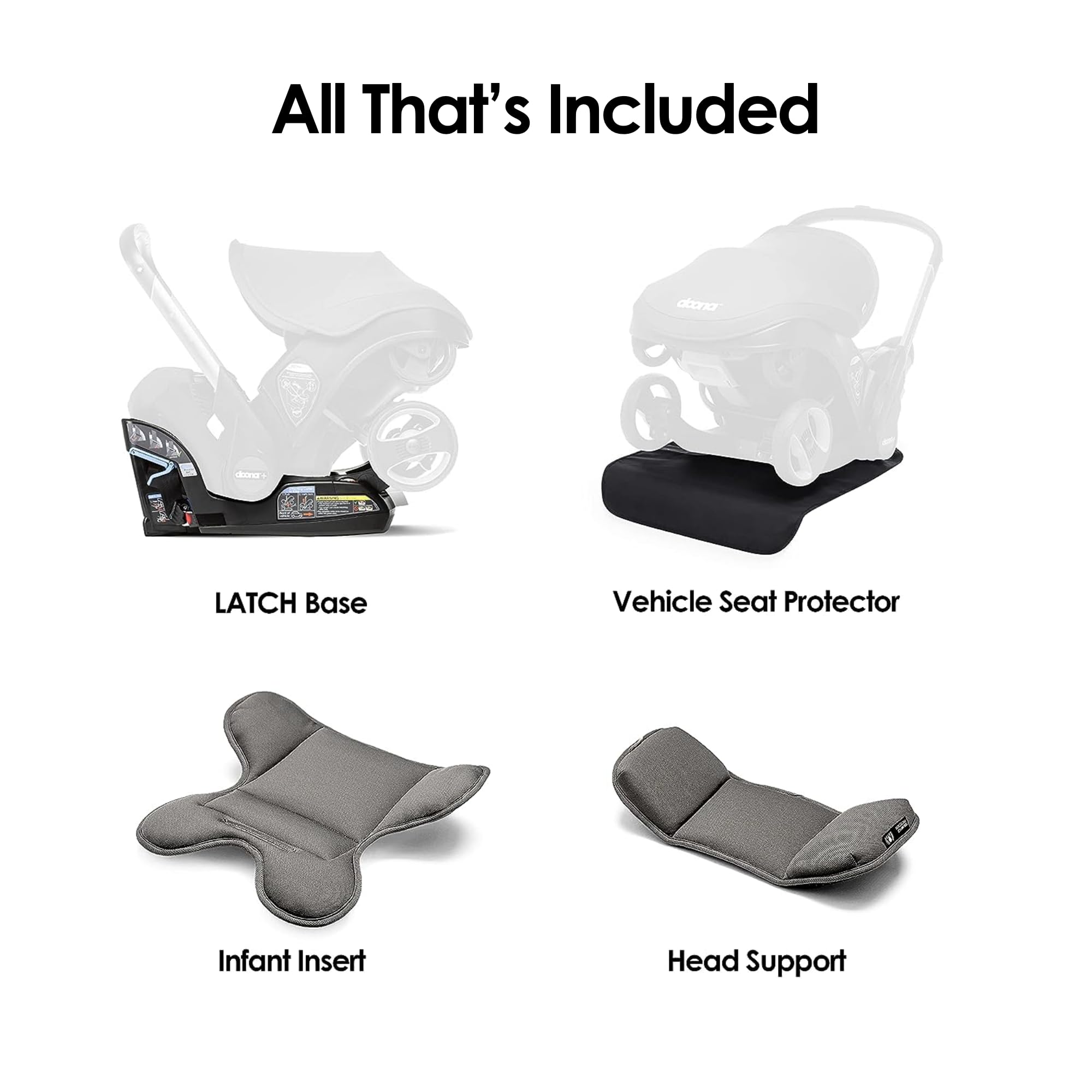 Slate green Doona all-in-one car seat and stroller by My Store, showing the compact travel system with safety harness and wheels.