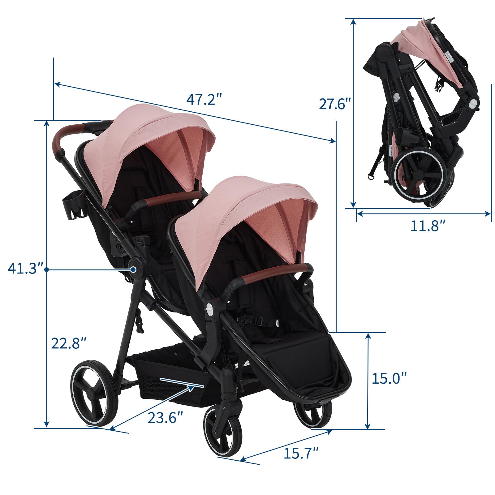 Dark grey tandem double stroller for twins with reversible seats, adjustable canopy, 5-point harness, large storage basket, one-hand fold.