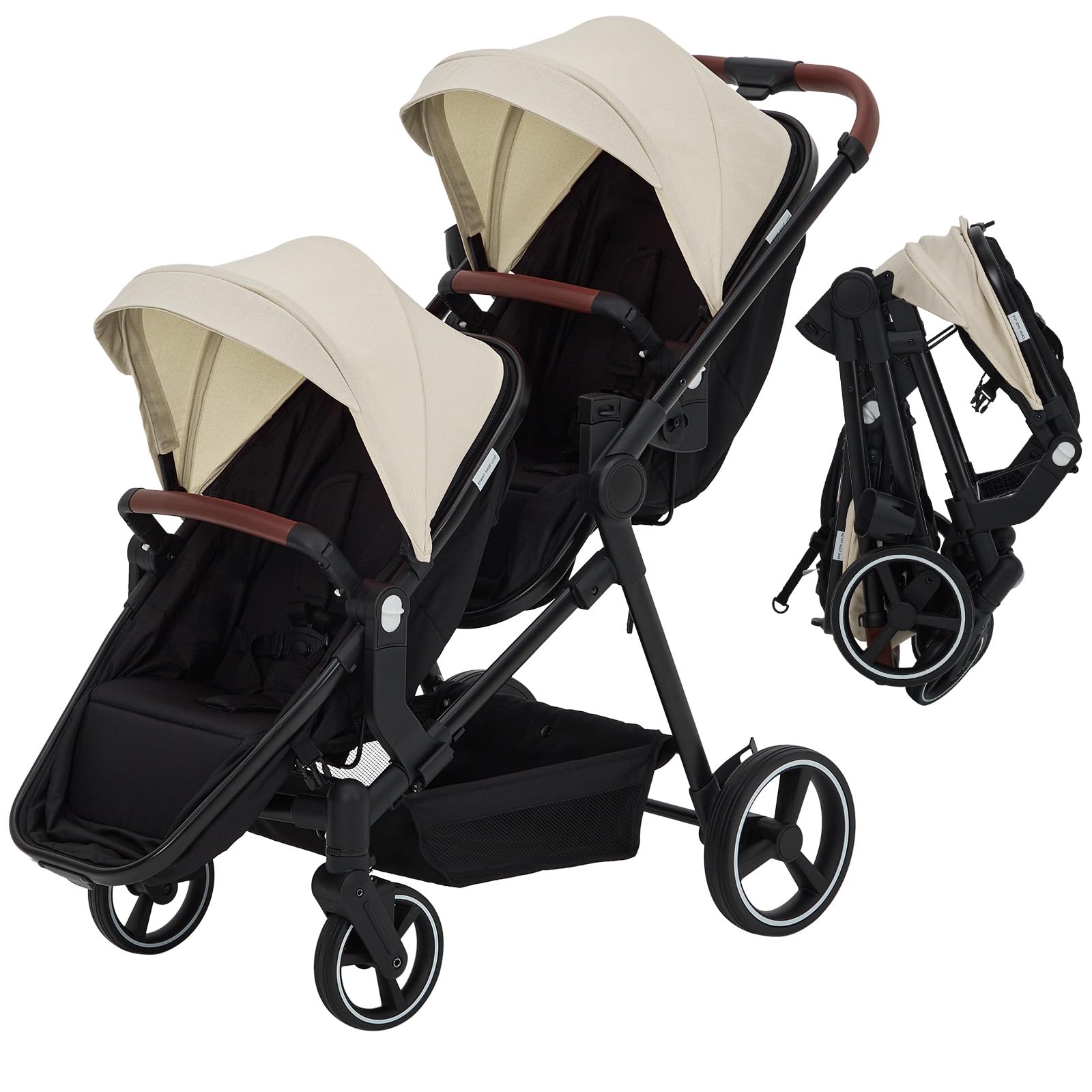 Dark grey tandem double stroller for newborn and toddler twins with reversible seats, adjustable canopy, 5-point harness, and large storage.