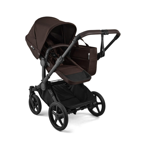 Bugaboo Donkey 6 Cocoa Brown single-to-double all-terrain stroller with adjustable seats for newborn and toddler.