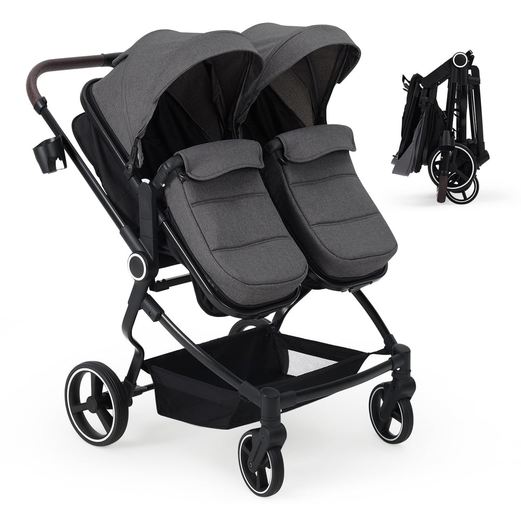 Lightweight double stroller for twins by My Store with reclining seats, adjustable canopy, 5-point harness, and high landscape design.