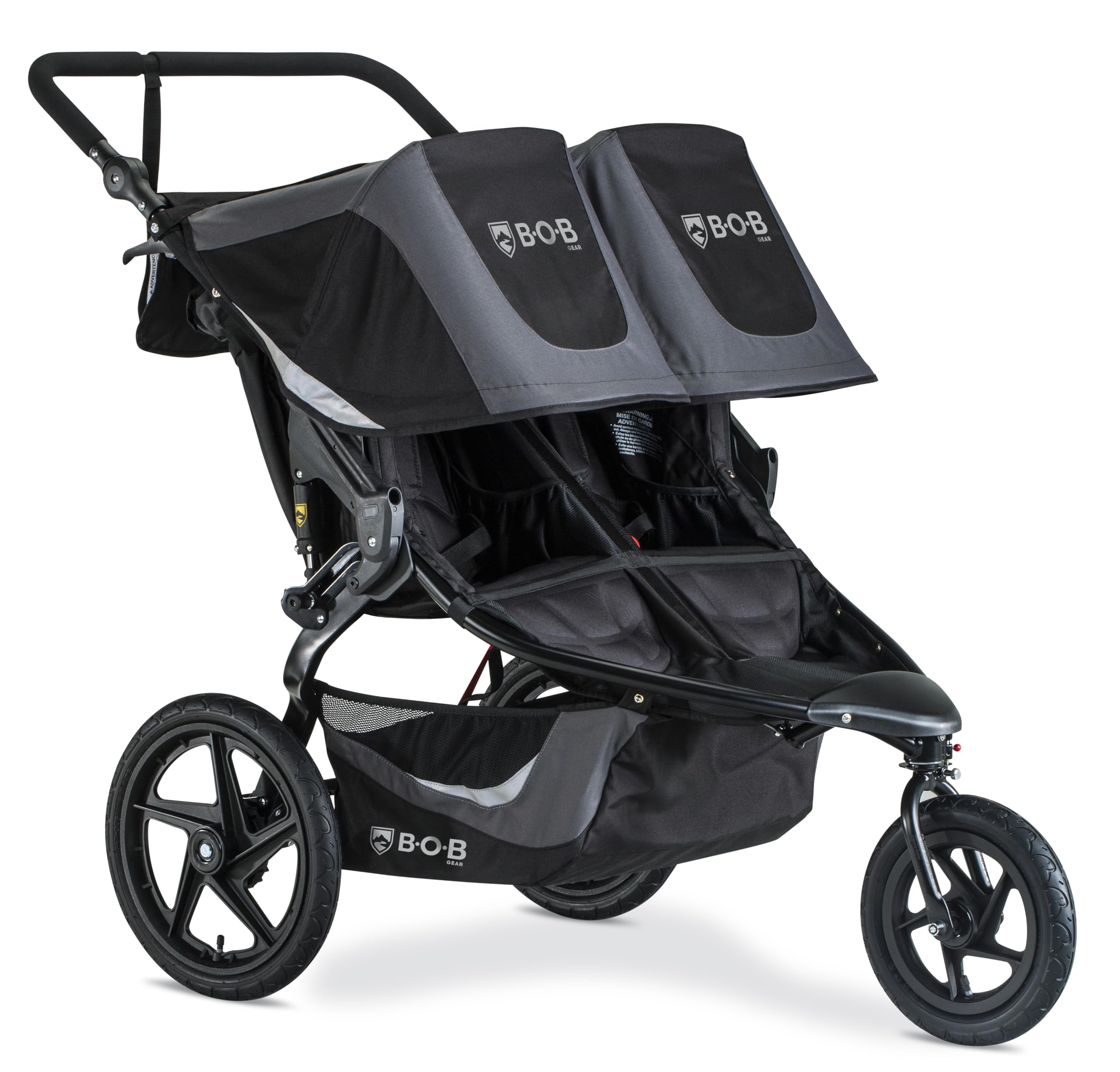 My Store BOB Gear Revolution Flex 3.0 Duallie jogging stroller in graphite black with adjustable handlebars and large wheels for outdoor running.