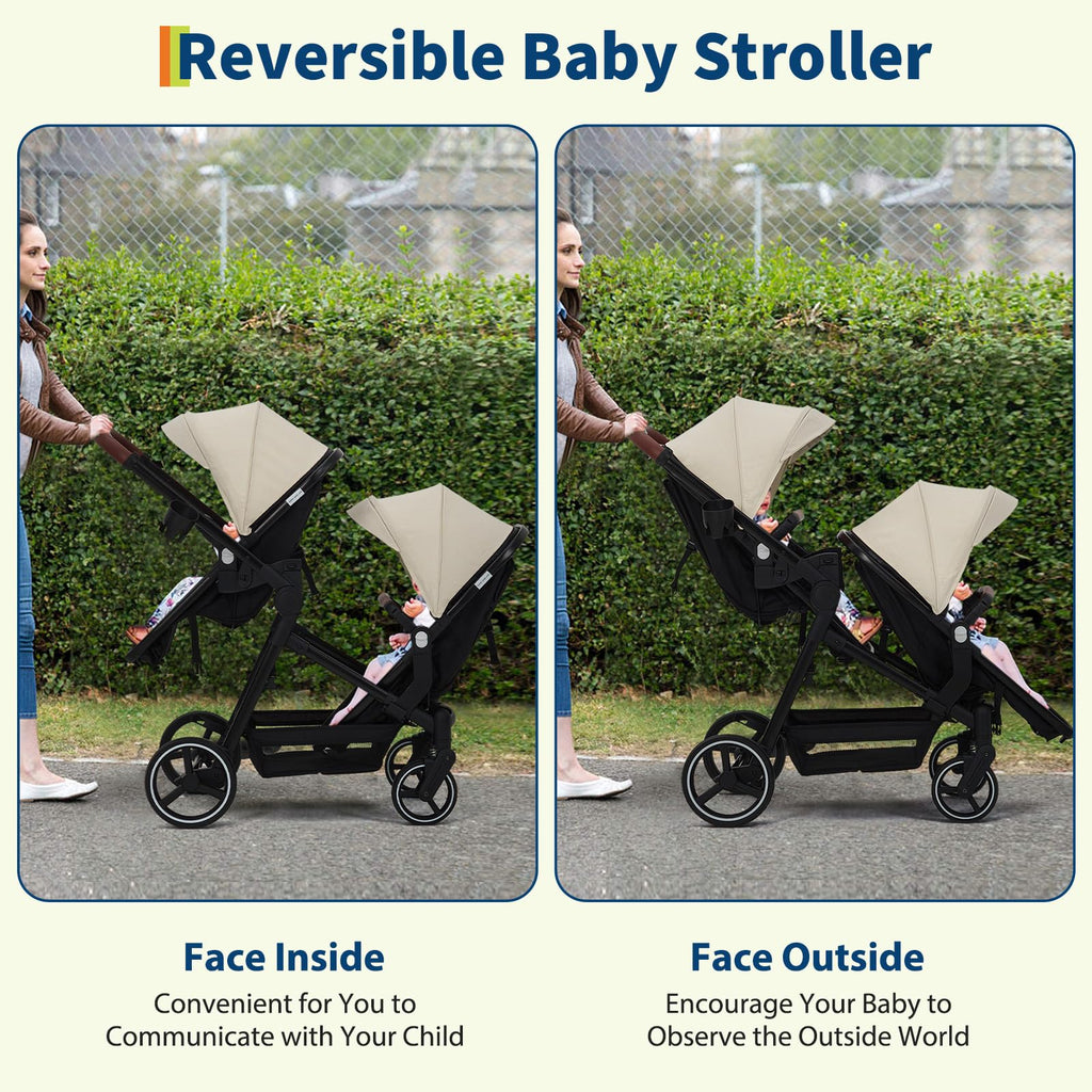 Black tandem stroller with reversible seats, adjustable canopy, large storage basket, and one-hand fold for twins and newborns.
