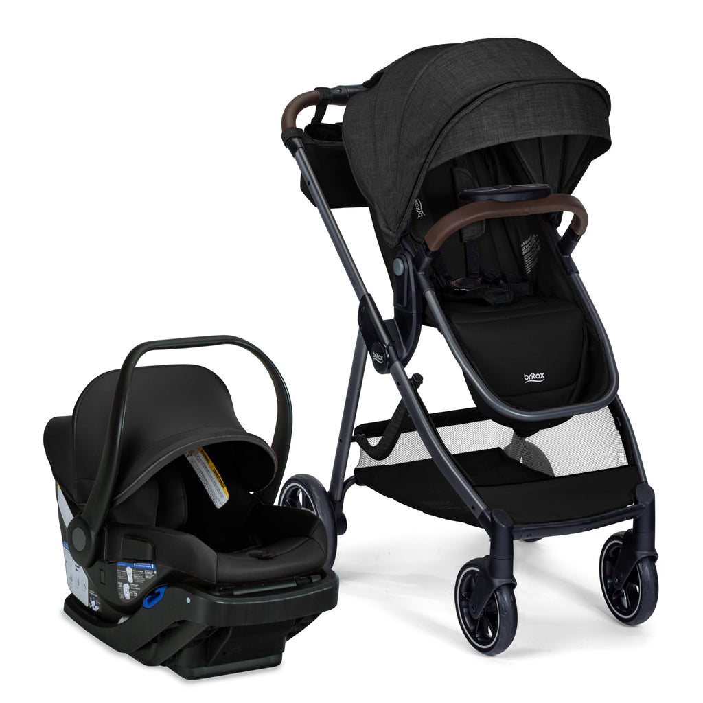 Britax Phases travel system with Arbor infant car seat, stroller, stayTight base, parent organizer, and pramette mode in Raven Black.